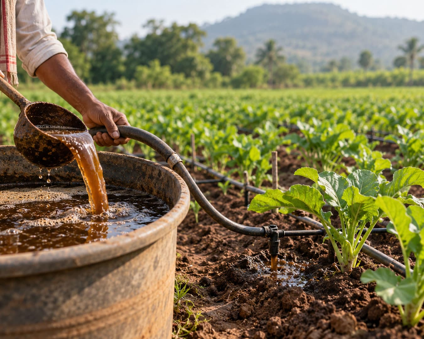 Jivamrut brew feeding living soil through drip irrigation